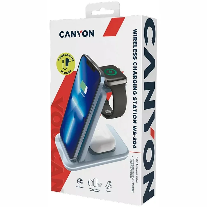 Lādētāji, kabeļi un adapteri Canyon 3-in-1 wireless charging station WS-304 Blue